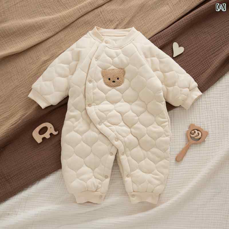 ベビー 連体服 男女兼用 男の子 女の子 冬用 綿 100% 加厚 長袖 連帽 保暖 爬行服 シンプル スタイル 小熊柄 橡果柄 熊柄 油画柄 牛角柄 刺繍花柄 ピンク花柄 抱抱熊柄 新年柄 焦糖色 囲嘴 59cm 66cm 73cm 80cm 90cm