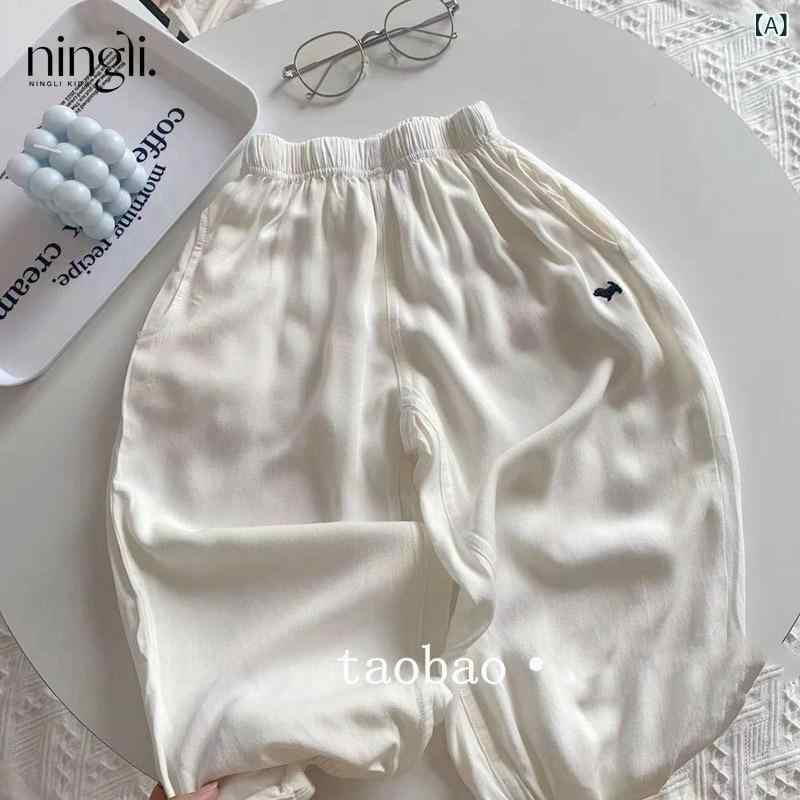 女の子 長ズボン アイスシルク 防蚊 夏用 柔軟 ゆったり 綿素材 90% 純色 ライトブルー ベージュ イエロー ストライプ ネイビー 運動 かわいい ミッドライズ ゴムウエスト 3-8歳 90-140cm