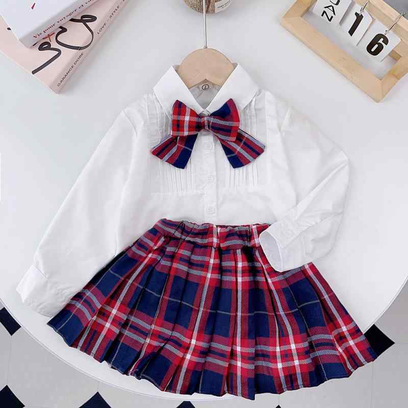 Dresses - 女の子 セットアップ スカート セット 学院風 シャツ JK 短スカート 秋夏 長袖 赤 コットン混紡 柔らかい 格子柄 ピンストライプ プリンセス ヨーロッパ スタイル 2点セット 通学 普段使い 学校制服 洋服 子供服 3-8歳 中小学生 かわいい
