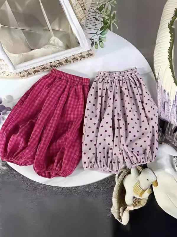 Long-Trousers, Trousers - 女の子 灯籠パンツ キッズ ワイド 夏 防蚊 ポルカドット ピンクパープル 柔軟 ポリエステル 合成繊維 九分丈 韓国風 女児 ゆったり 百搭 日常使い 軽量 通気 かわいい 柄物 女の子服 3-8歳 100-140cm