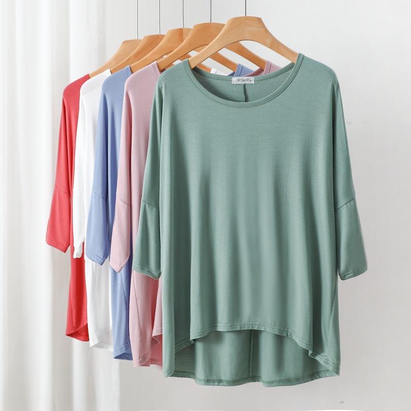 Tシャツ 女性用 春夏 再生繊維 モダール ビッグサイズ ゆったり バットスリーブ 中袖 前短後長 インナー トップス かわいい 甘め 軽量 快適 日常使い カジュアル ライトイエロー グレー パープル