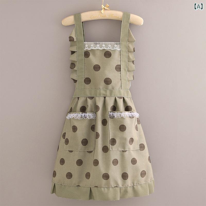 Dresses - 有袖 囲裙 帆布 素材 防汚 機能 家用 キッチン 料理 作業着 レディース ファッション スタイル 灰緑 黄色 黒 波点 柄 花辺 デザイン 背带 タイプ プリンセス スカート 風 耐磨 耐久性