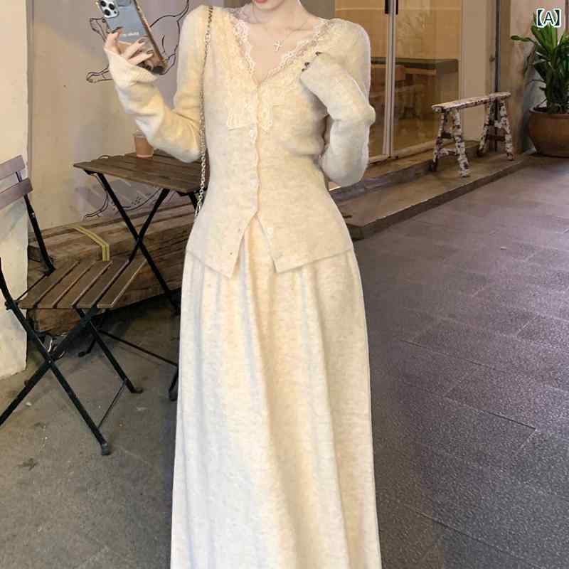 Rakuten - ニット トップス レディース セットアップ スカート セット 秋冬 長袖 Vネック レース 刺繍 切り替え 羊毛風 ポリエステル アクセリー 杏 灰 私服 かわいい 軽量 柔らか 暖かみ 長め丈 膝下 膝丈 フェミニン 韓国風 デザイナー 風 小香風 名