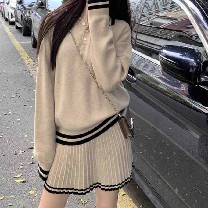 ・カテゴリ: スカート・スタイル: 清新甜美・主な素材: 針織・主素材成分: ポリエステル・主素材成分含有率: 50%（含）-70%（不含）・カラー展開: 燕麦色、グレー、ブラック・サイズ展開: 均码・セットスタイル: スカートセット・適用性別: 女性・袖型: 通常袖・袖丈: 長袖・柄: コントラストカラー・流行要素: コントラストカラー