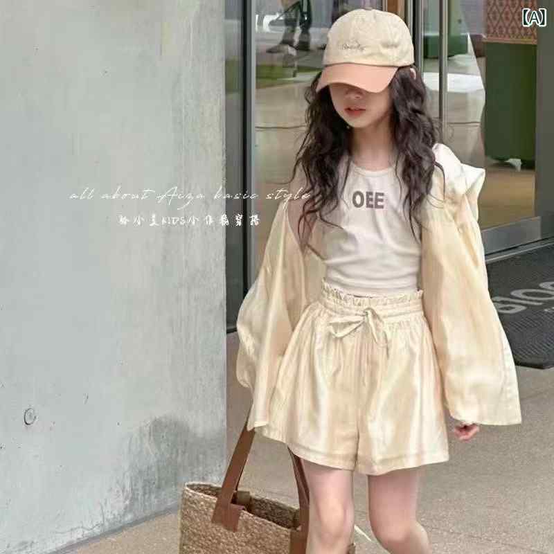 女の子 防晒服 セット 3点 長袖 帽子付き 短パン 米色 レイヨン 95% 薄手 柔らかい...