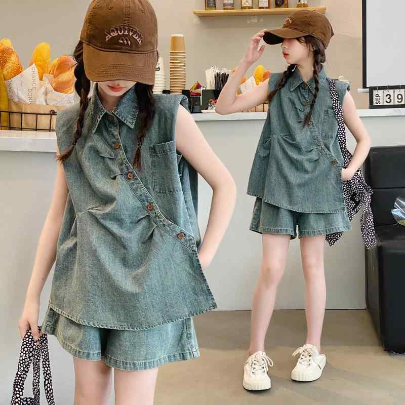 女の子 トップス 無袖 キャミソール 牛仔 ショートパンツ セット 夏服 綿素材 柔ら...