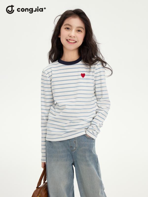・カテゴリ: 童Tシャツ・スタイル: 韓版・袖丈: 長袖・主な素材: 綿95%・パターン: 条紋・ネックライン: 丸首・カラー展開: 浅藍条紋、浅藍条紋（蝶結び）・サイズ展開: 120cm、130cm、140cm、150cm、160cm、170cm