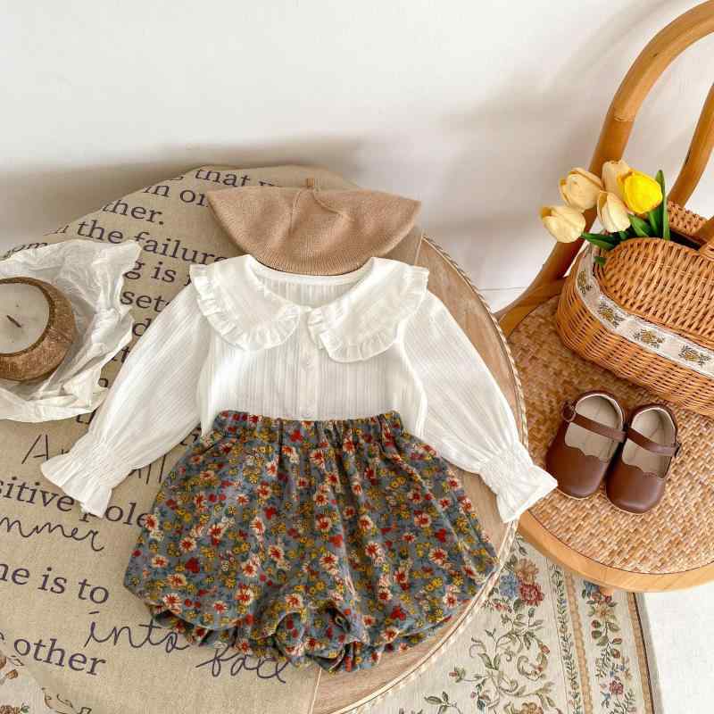 女の子 ベビー トップス ロングスリーブ フリルカラ 刺繍 綿100% 花柄 プリント シ...