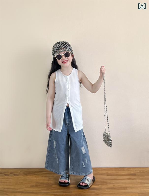 Rakuten - 女の子 トップス キャミソール 無袖 中長丈 開き 単列ボタン コットン 綿素材 柔らか 丸首 純色 春夏 夏用 かわいい 韓国風 潮 3-8歳 90-140cm 子供服 女児 背心 吊り帯衫