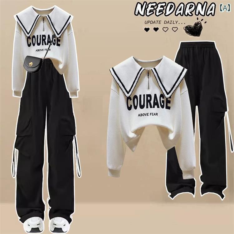 樂天商城 - レディース セットアップ 秋冬 学院風 甘めクール 学生服 韓国風 ネイビーカラー ポケット プリント ロングパンツ 長袖 トップス ロングスリーブ ミリタリー ワイドパンツ 気質 通勤 スタイル 米白 ネイビー ピンク ベージュ グレー デニム コット