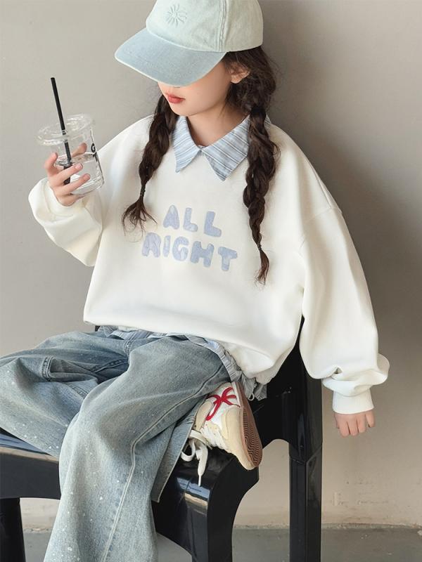 キッズ 女の子 スウェット ポロカラ トップス 綿 素材 ゆったり デザイン 学院風 偽ツーピース 春季 秋装 白色 浅ブルー 120cm 130cm 140cm 150cm 160cm 170cm