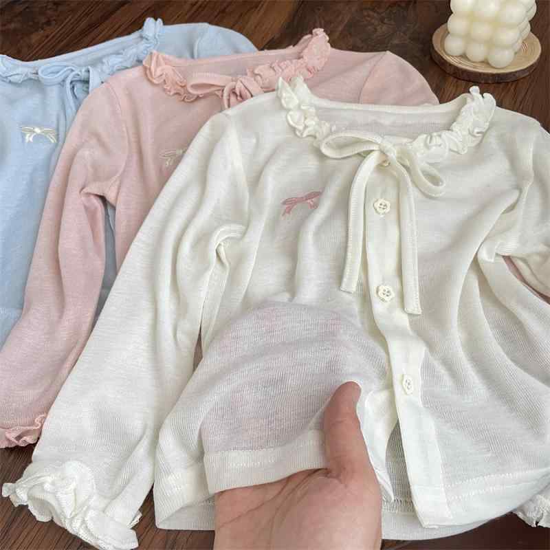 女の子 夏服 外套 子供 長袖 開衫 薄手 綿 素材 花辺 蝶結び かわいい デザイン 短...