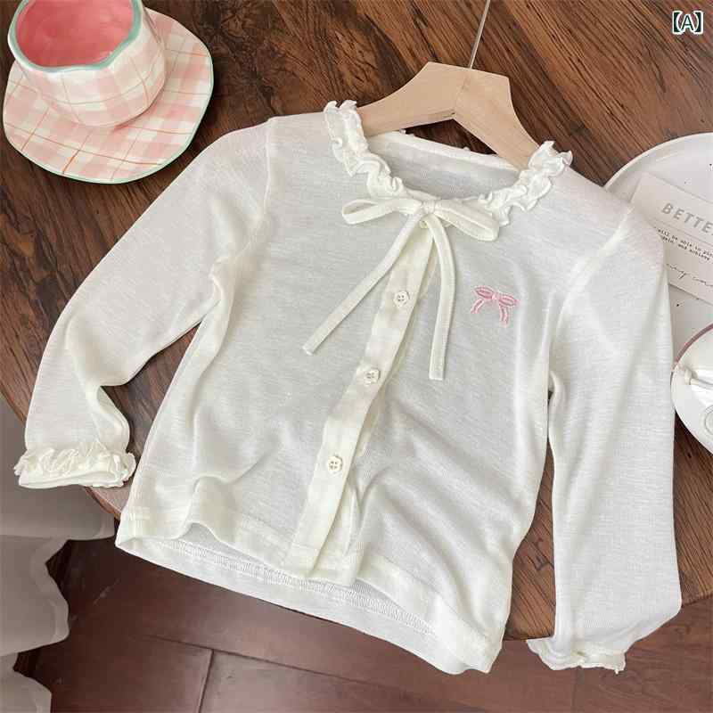 女の子 夏服 外套 子供 長袖 開衫 薄手 綿 素材 花辺 蝶結び かわいい デザイン 短...