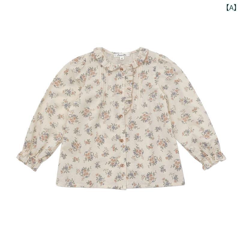 キッズ 女の子 トップス 長袖 丸首 綿100% 花柄 シャツ ピンク ブルー ベージュ ブ...