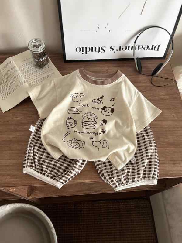 男の子 夏服 セットアップ 格子柄 動物 プリント アルファベット Tシャツ ショート...