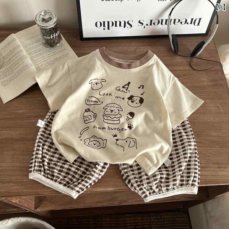 男の子 夏服 セットアップ 格子柄 動物 プリント アルファベット Tシャツ ショート...