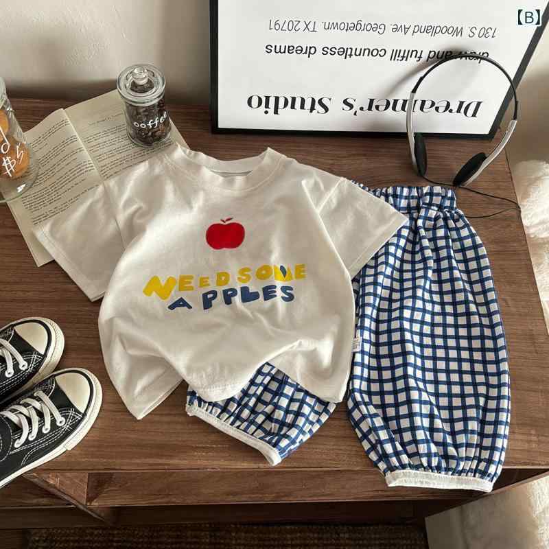 男の子 夏服 セットアップ 格子柄 動物 プリント アルファベット Tシャツ ショート...