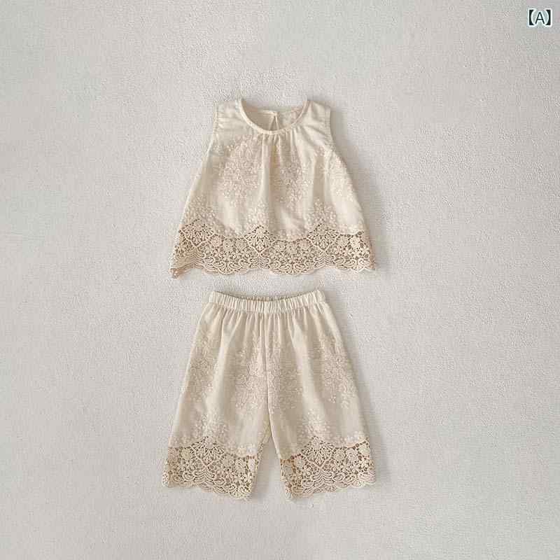 女の子 ベビー トップス スカート セット 夏服 無袖 花辺 刺繍 綿素材 かわいい 杏...