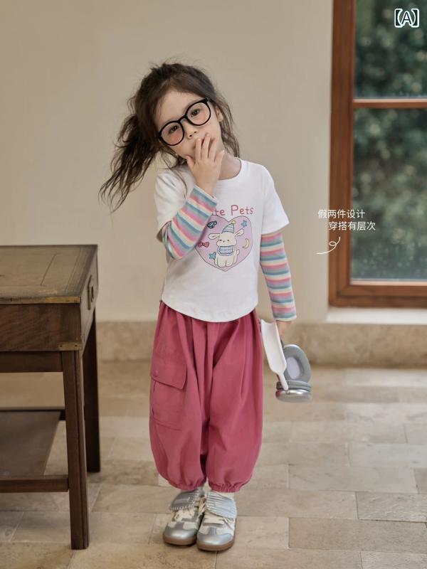 女の子 Tシャツ 長袖 トップス 偽二枚重ね デザイン 秋冬 春秋 田園風 かわいい 動物 プリント コットン 綿 素材 アウトドア 普段使い 吸湿速乾 機能 白 粉色 黄