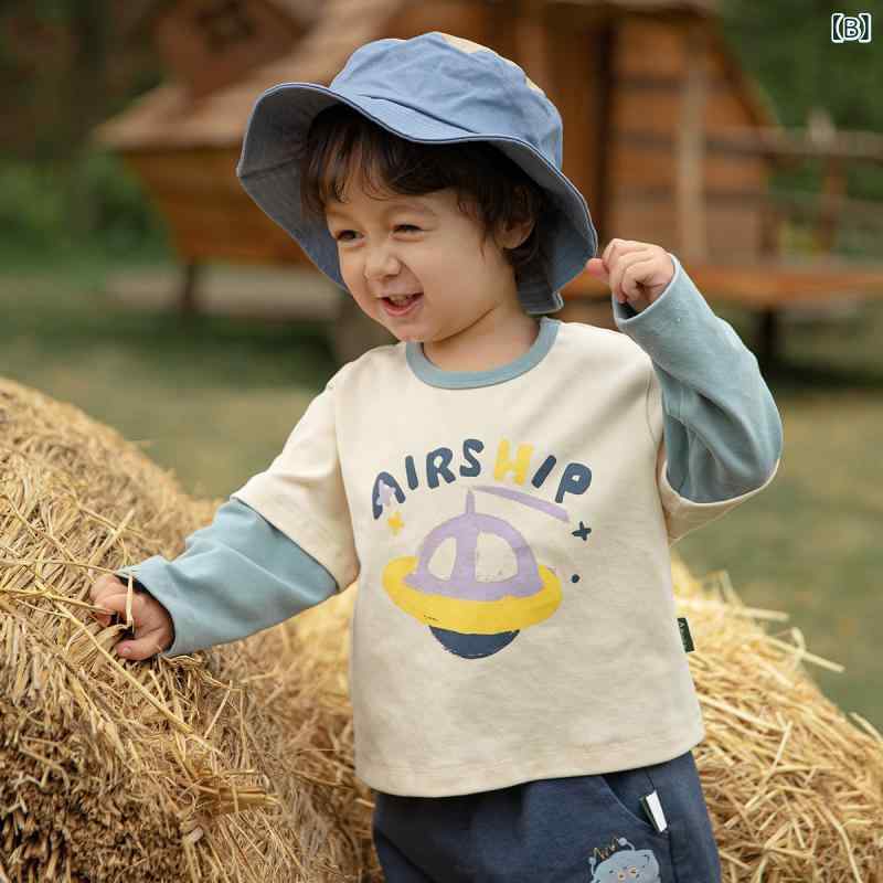 キッズ Tシャツ 男の子 女の子 長袖 偽ツーピース 上衣 内搭 韓版 切り替え ピンス...