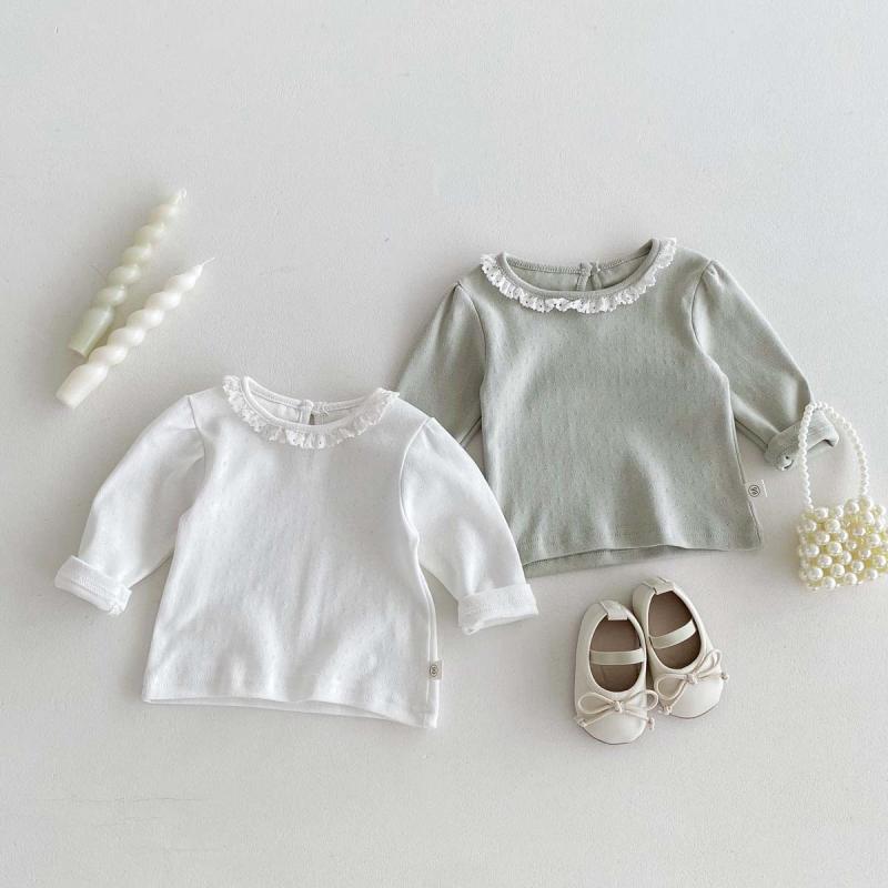 女の子 Tシャツ トップス 長袖 丸首 レース 花辺 刺繍 綿100% 柔らかい かわいい ...