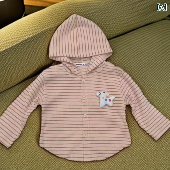 女の子 長袖 開衫 連帽 春秋 横条 立体 カード プリント コットン 混紡 柔らかい ...