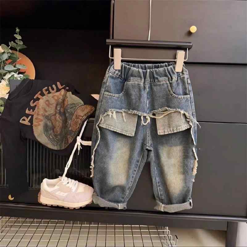 Long-Trousers, Trousers - キッズ デニムパンツ 男の子 女の子 破れ 毛羽立ち 返しポケット 水洗い コットン 混紡 中腰 ゴム腰 柔らか素材 深藍 秋 長ズボン 3-8歳 日常使い カジュアル 伸縮性 通学 遊び着 軽量 耐久性
