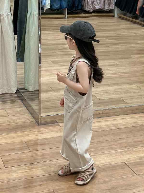 樂天商城 - 女の子 連体ズボン 夏服 韓国風 吊り下げ式 ゆったり 背広パンツ ストライプ 背心 化繊 ポリエステル100 柔らか素材 長ズボン 中腰 ボタン開閉 開き裆 ピースカラー ミックスカラー 米色 茶色 3-8歳 90-140cm