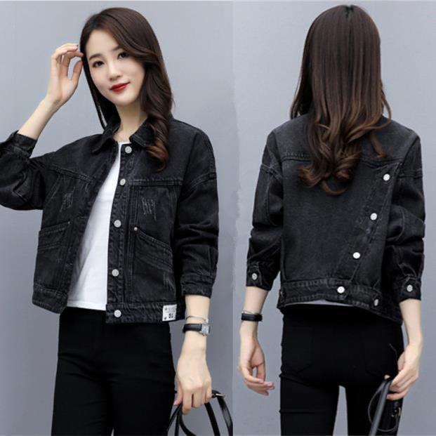 Other Jackets Jumpers - レディース コート 牛仔ジャケット 黒 ブルー 綿 素材 短丈 長袖 プリンセス袖 シャツカラー 純色 ルーズ フィット 中厚手 気質 通勤 スタイル 優雅 甘美 清新 春秋 季節 ゆったり シルエット シンプル デザイン 日常使い トップス