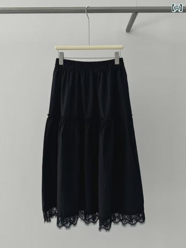 Rakuten - 半身スカート レディース Aライン 中長丈 コットン レース切り替え 紐 花柄刺繍 砂洗い加工 黒 白 気質 通勤 都市風 春季 百搭 遮瑕