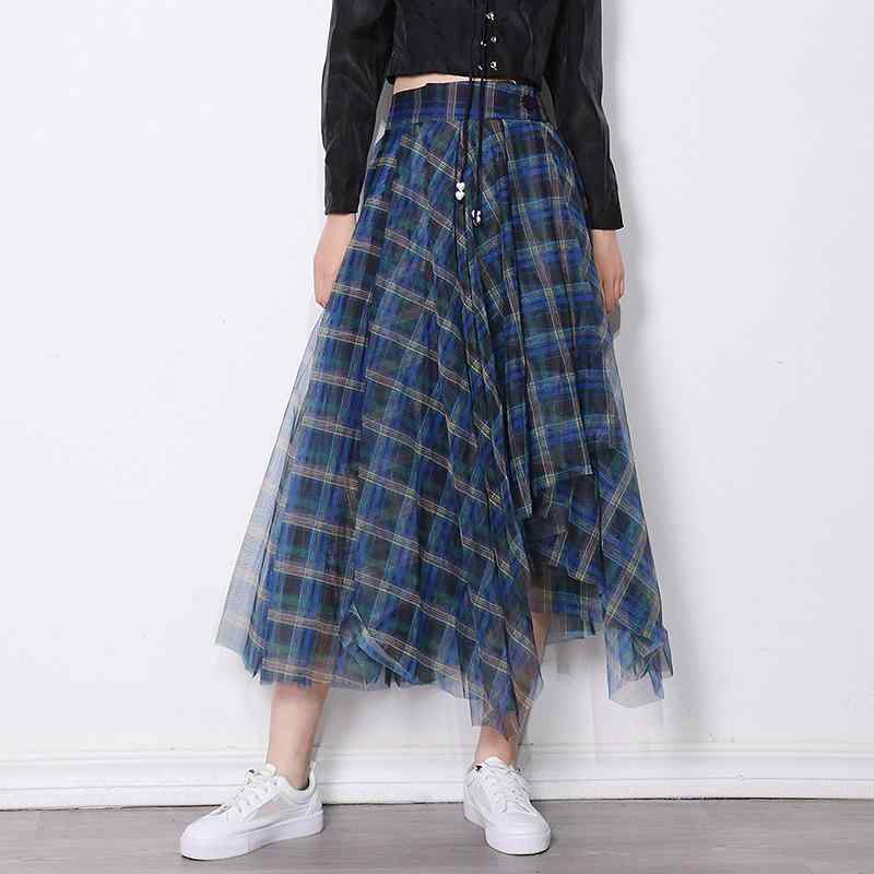 Rakuten - 半身スカート レディース ハイウエスト メッシュ 格子柄 Aライン 中長丈 春新作 通勤 通勤風 気質 百搭 スリム 切り替え 涤纶 綿混 微弾力 ブルー 旅行 気質 優雅 青少年 学生 中年 少女 適用体型 直筒型 梨型 沙漏型
