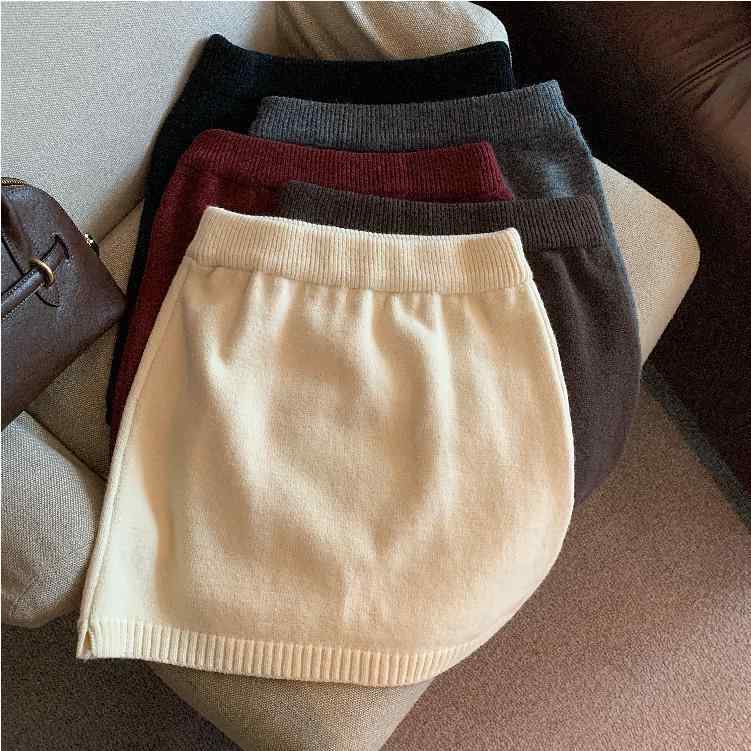 スカート 女性用 日韓風 復古 シンプル 伸縮性 ウエスト 毛糸 ニット 短め 春夏 ワイド Aライン 包み込み スリム 半身 スカート コット..