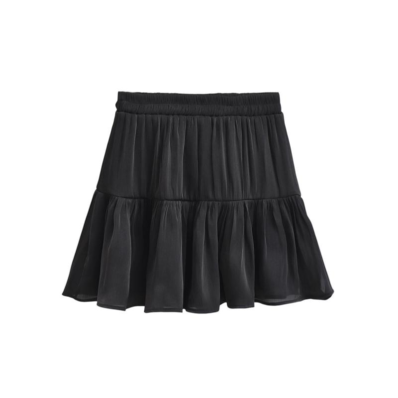 Rakuten - スカート レディース ハイウエスト プリーツ ミニスカート 夏 黒 光沢 光沢感 缎面 光沢サテン Aライン 半身スカート 街頭 ストリート セクシー スパイシー セクシーガール 韓系 韓国風 欧米風 欧米スタイル スパン スパンデックス 伸縮性 伸縮