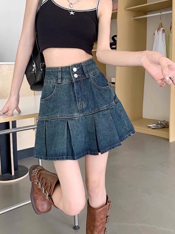 乐天商城 - スカート レディース 百褶 牛仔 半身 ハイウエスト 夏 短丈 Aライン 女性用 コットン 素材 微弾性 切り替え デザイン 遮肚 显瘦 ボタン ブルー 黒 デニム 普段使い カジュアル スタイル 軽量 通勤 デイリー 韓国風 日系 快適