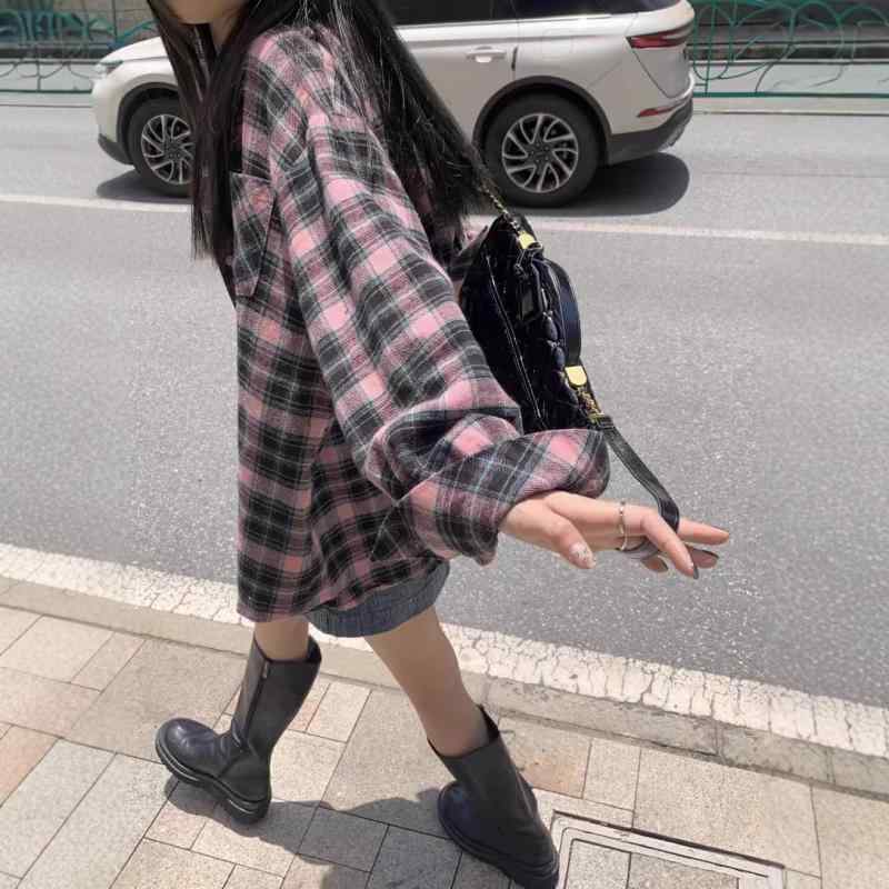 樂天商城 - レディース 開襟シャツ 長袖 カーディガン ジャケット 韓国風 ゆったり デザイン 黒 ピンク 格子 柄 トップス 涤纶 ポリエステル 3D 効果 免烫 処理 中長 翻領 ポケット ボタン 春季 快適 日常 着用