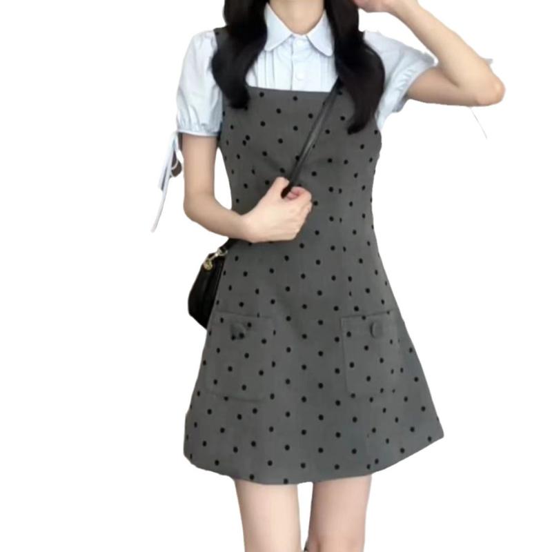 ワンピース 女の子 春夏 短袖 ポリエステル ポリコレースター インナー 偽二重 ミドル丈 Aライン ポロカラー ウエストマーク スリム プリント柄 ポルカドット 甘め 学院風 韓国風 かわいい 清新 仙女風 吊り染め 加工 ダメージ風 セットアップ 偽