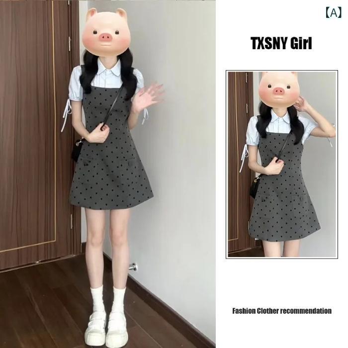 ワンピース 女の子 春夏 短袖 ポリエステル ポリコレースター インナー 偽二重 ミドル丈 Aライン ポロカラー ウエストマーク スリム プリント柄 ポルカドット 甘め 学院風 韓国風 かわいい 清新 仙女風 吊り染め 加工 ダメージ風 セットアップ 偽