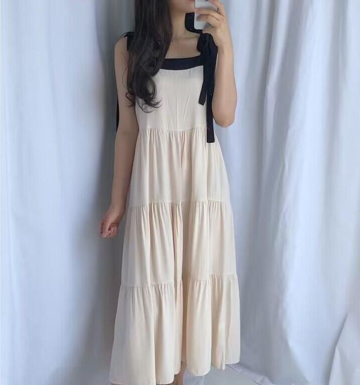 ワンピース 背带スカート 夏 レディース 緑 杏色 無袖 長丈 純色 綿麻 中腰 一字領 基礎款 慵懒風 日韓風 快適 ゆったり スリム セットアップ 単品 日常使い 軽量 柔らかい 素材 再生繊維 混紡