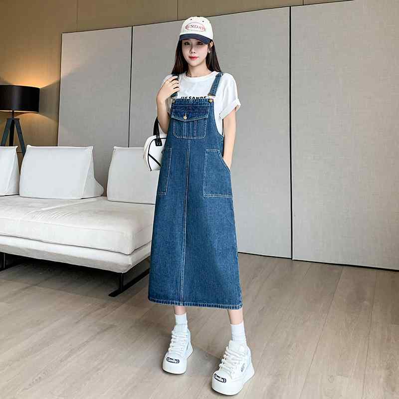 Rakuten - ワンピース スカート 春夏 秋 背带 デニム 中長 ゆったり スリム 無袖 一字領 高腰 ポケット 純色 ブルー 快適 デイリー 復古 風 中国風 文艺 休闲
