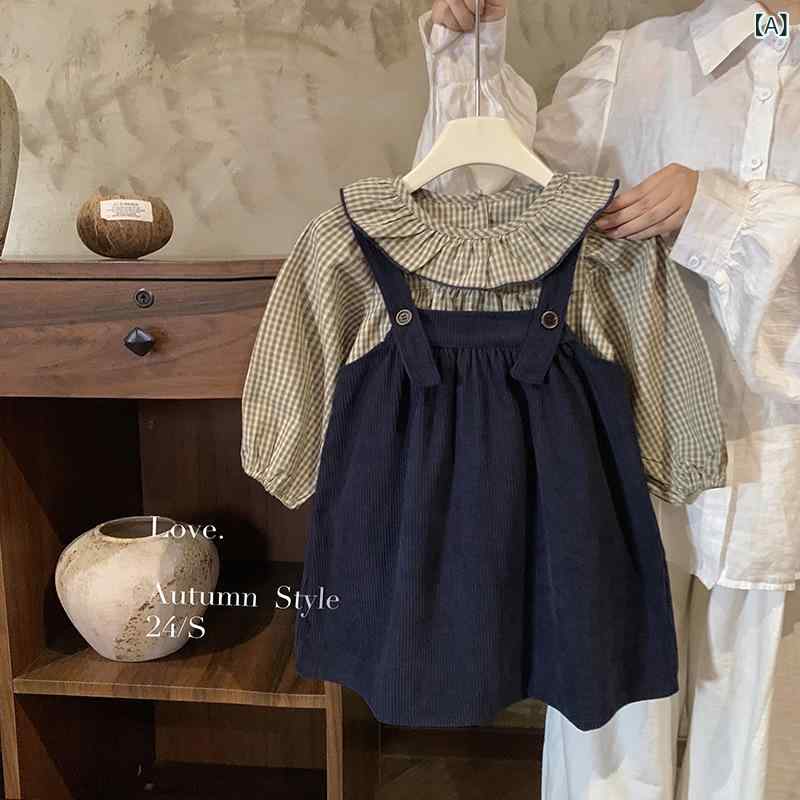 女の子 背広スカート セット 長袖 シャツ ワンピース 学院風 かわいい 秋冬 コットン 混紡 花辺 デザイン 普通 厚み 3-8歳 90-140cm サイズ 韓国 スタイル 春秋 季節 華やか 洋気 子供 服 セットアップ スカート セット 長袖 ブラ