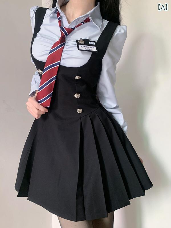 Other - 女子校服 セット JK風 高腰 スリムフィット ウエストシェイプ 長袖 シャツ 黒 背帯 ワンピース 夏服 制服 通勤 気質 スタイル 涤纶 素材 ポリエステル 繊維 優雅 ファッション 学生服 韓国風 夏 秋 冬 春 オールシーズン 適応 18-24歳