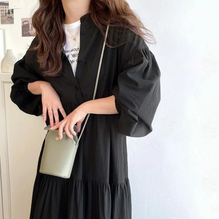 Rakuten - ワンピース 女性用 日韓風 気質 优雅 復古 立領 後ろ紐 高腰 中長丈 長袖 半高領 セットアップ 風 黒 卡其 杏 ポリエステル 麻 春季
