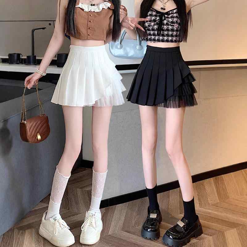 スカート レディース 百褶 半身 春夏 短 黒 白 少女風 清新 甘い デザイン A字 マイクロ弾性 ポリエステル フィット スリム 軽やか 日常使い カジュアル フェミニン トレンド ミディ丈