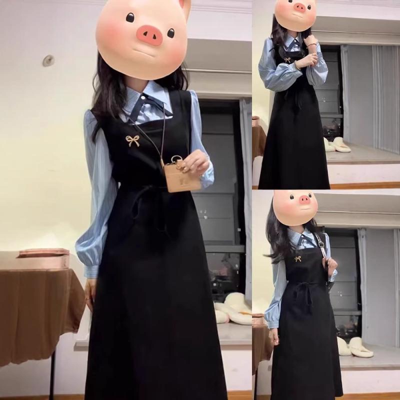 樂天商城 - ワンピース レディース 長袖 学院風 偽ツーピース シャツワンピース ミドル丈 仙女スカート POLO領 中腰 黒 綿ポリ 純色 プリント加工 春季 ヴィンテージ風 セットアップ 韓系 着こなし 復古スタイル 中国風 トップス スカート 組み合わせ 日常