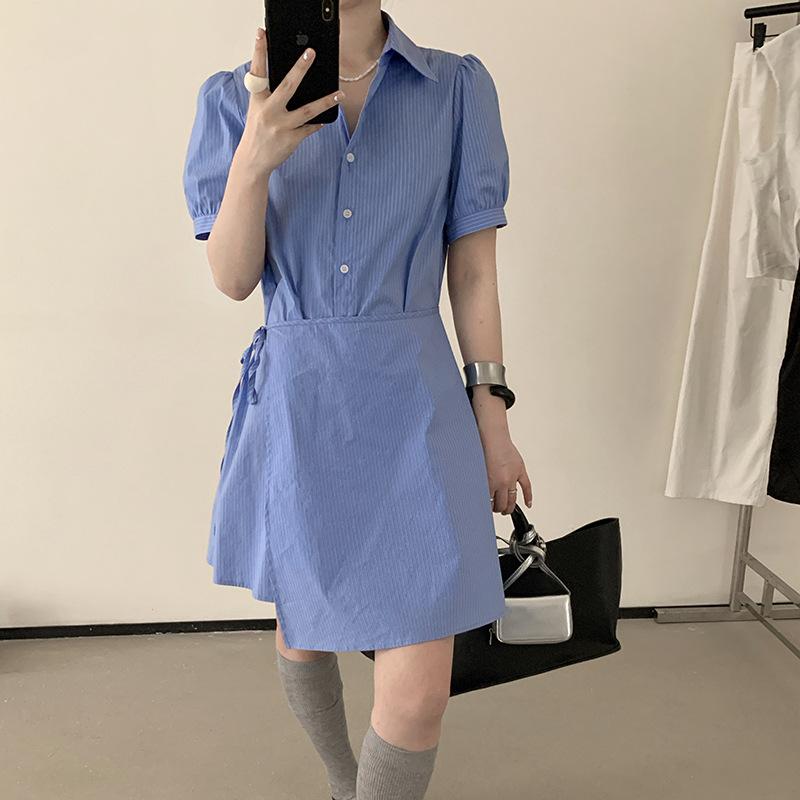 乐天商城 - レディース ワンピース 連衣裙 夏 春夏 綿 ニット 切り替え デザイン 基本 スタイル 単品 中丈 Aライン スカート 翻領 ポロ 襟 短袖 調整 ウエスト 収腰 セット ベルト 付き スリム ライン 爽やか 甘い スタイル セット ネック ブルー ス