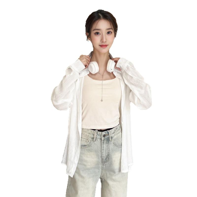 レディース シャツ トップス 防晒 薄手 韓国風 高級感 ゆったり ワイド ロングスリーブ 純色 天絲 レイヨン 繊維 ポリエステル 開襟 ポロカラー ボタン プレーツ加工 中長丈 ブルー ピンク ホワイト 夏 春夏 2025 シーズン 日韓 スタイル