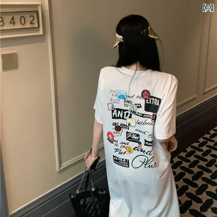 ワンピース レディース 春夏 短袖 丸首 韓国風 プリント ロゴ柄 ゆったり サイドスリット 中丈 スカート コットン風 ミルクシルク 再生繊維 ポリエステル ポリウレタン 混紡 白色 黒 白黒 ロゴ 数字 文字柄 シンプル スタイリッシュ 日常使い カ