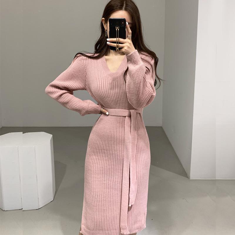 樂天商城 - レディース ワンピース Vネック 開き スリム 膝丈 フレンチ 紐 ニット スカート 修身 長袖 中腰 系帯 不規則 単品 基礎 気質 通勤 英倫 優雅 ポリエステル 染色 純色 均码 通用 カード ピンク グレー オールシーズン
