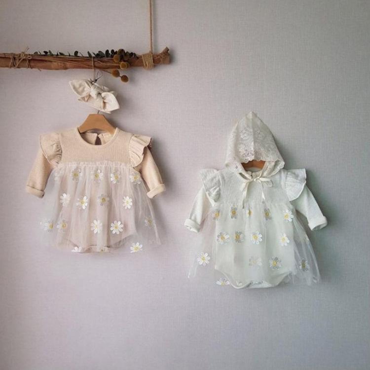 Dresses - 女の子 ベビー ワンピース 連体服 包おむつ 韓風 プリンセス ロングスリーブ 菊花 花柄 綿 ニット 柔らか素材 メイクアップ 米白 杏 秋季 オールシーズン 0-1歳 新生児 66cm 73cm 80cm 90cm ネット 刺繍 安全 A級 長袖 ス