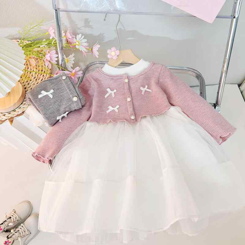 乐天商城 - 女の子 ワンピース スカート 春季 ピンク 灰 綿混紡 長袖 A字 プリンセス かわいい 韓風 ファッション 洋気 切り替え チュール ニット 蝶結び 春秋 幼児 1-3歳 80-100cm 純色 コットン80% 浙江産 B級安全 実射 無モデル